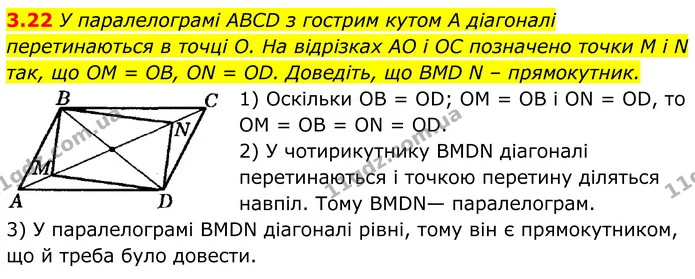 3.22 У паралелограмі ABCD з гострим кутом A діагоналі перетинаються в точці O. На відрізках AO і OC позначено точки M і N так, що OM = — ГДЗ Геометрія 8 клас Істер