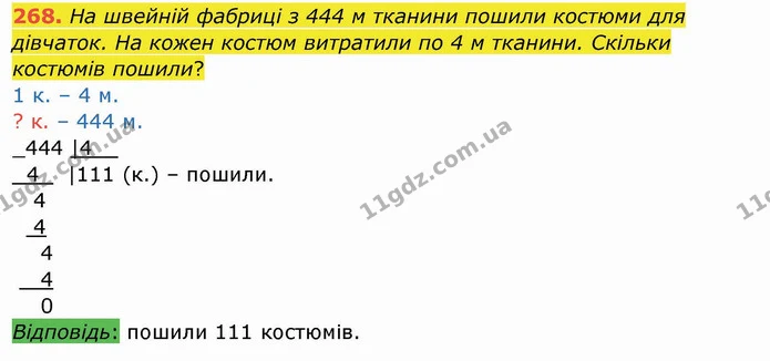 268. На швейній фабриці з 444 м тканини пошили костюми для дівчаток. На кожен костюм витратили по 4 м тканини. Скільки костюмів пошили? — ГДЗ Математика 4 клас Заїка