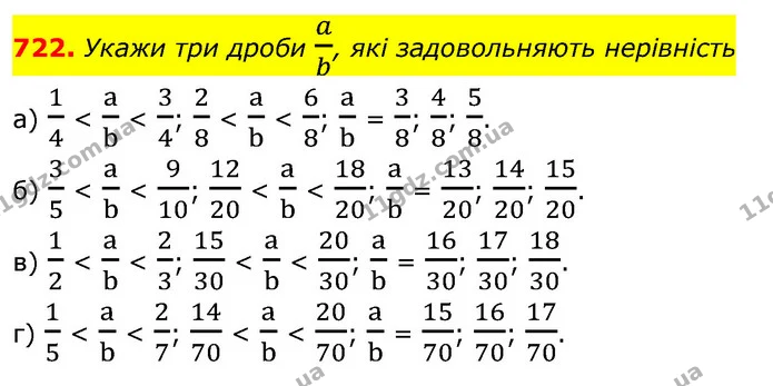 722. Укажи три дроби ab, які задовольняють нерівність — ГДЗ Математика 6 клас Бевз 1-2 ч.