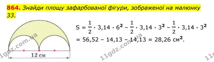 864. Знайди площу зафарбованої фігури, зображеної на малюнку 33. — ГДЗ Математика 6 клас Істер 2023 1-2 ч.