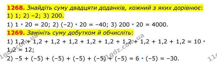 1268. Знайдіть суму двадцяти доданків, кожний з яких дорівнює: 1) 1; 2) –2; 3) 200. — ГДЗ Математика 6 клас Тарасенкова 2023 1-2 ч.
