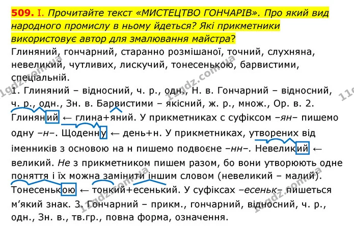 509. І. Прочитайте текст «МИСТЕЦТВО ГОНЧАРІВ». Про який вид народного промислу в ньому йдеться? Які прикметники використовує автор для — ГДЗ Українська мова 6 клас Заболотний 2023