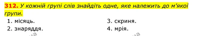 312. У кожній групі слів знайдіть одне, яке належить до м’якої групи. — ГДЗ Українська мова 6 клас Заболотний 2023
