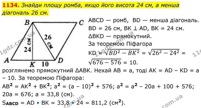 1134. Знайди площу ромба, якщо його висота 24 см, а менша — ГДЗ Геометрія 8 клас Бевз