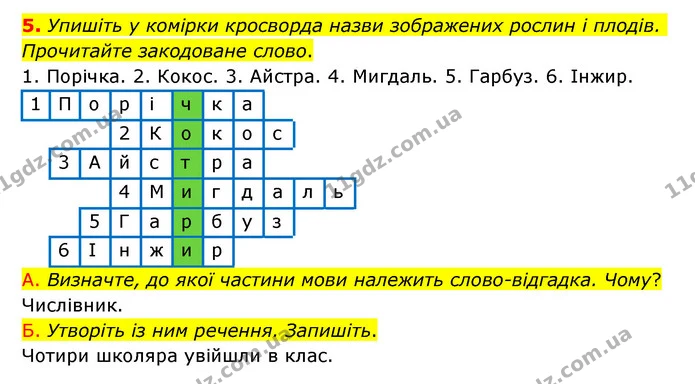 5. Упишіть у комірки кросворда назви зображених рослин і плодів. Прочитайте закодоване слово. — ГДЗ Українська мова 6 клас Авраменко