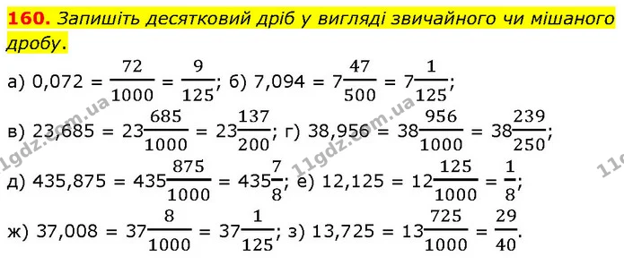 160. Запишіть десятковий дріб у вигляді звичайного чи мішаного дробу. — ГДЗ Математика 6 клас Біос 1-2 ч.