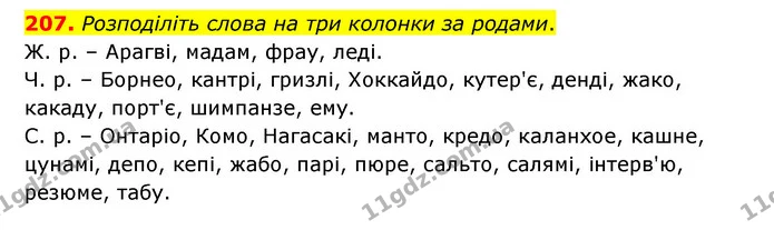 207. Розподіліть слова на три колонки за родами. — ГДЗ Українська мова 6 клас Голуб 2023