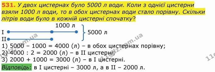 531. У двох цистернах було 5000 л води. Коли з однієї цистерни взяли 1000 л води, то в обох цистернах води стало порівну. Скільки — ГДЗ Математика 4 клас Лишенко 1-2 ч.