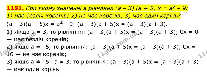 1181. При якому значенні a рівняння (a – 3) (a + 5) x = a2 – 9: — ГДЗ Алгебра 7 клас Мерзляк, Полонський 2015