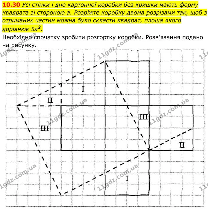 10.30 Усі стінки і дно картонної коробки без кришки мають форму квадрата зі стороною а. Розріжте коробку двома розрізами так, щоб з — ГДЗ Геометрія 8 клас Істер