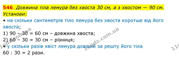 546. Довжина тіла лемура без хвоста 30 см, а з хвостом — 90 см. Установи: — ГДЗ Математика 3 клас Бевз 1 частина