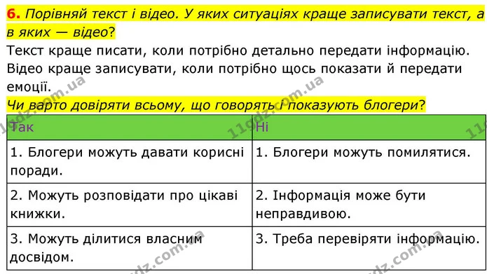 6. Порівняй текст і відео. У яких ситуаціях краще записувати текст, а в яких — відео? — ГДЗ Українська мова та читання 4 клас Большакова