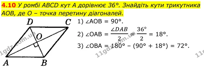 4.10 У ромбі ABCD кут A дорівнює 36°. Знайдіть кути трикутника — ГДЗ Геометрія 8 клас Істер