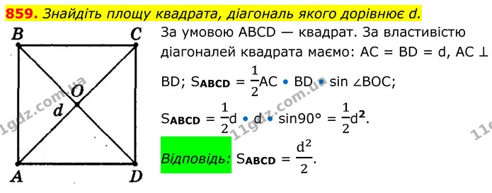 859. Знайдіть площу квадрата, діагональ якого дорівнює d. — ГДЗ Геометрія 8 клас Мерзляк