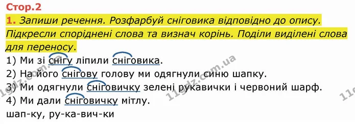 1. Запиши речення. Розфарбуй сніговика відповідно до опису. Підкресли споріднені слова та визнач корінь. Поділи виділені слова для — ГДЗ Робочий зошит Українська мова 2 клас Большакова 1 ч. - 2 ч.