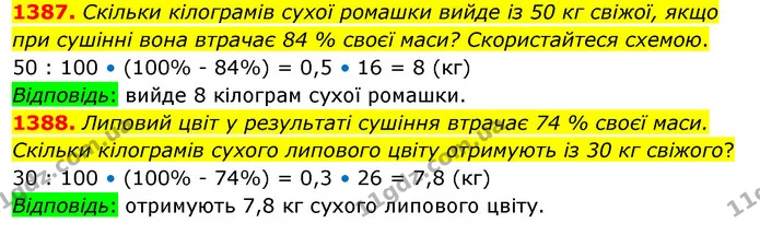 1387. Скільки кілограмів сухої ромашки вийде із 50 кг свіжої, якщо при сушінні вона втрачає 84 % своєї маси? Скористайтеся схемою. — ГДЗ Математика 5 клас Кравчук