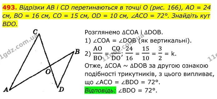493. Відрізки AB і CD перетинаються в точці O (рис. 166), AO = 24 см, BO = 16 см, CO = 15 см, OD = 10 см, ∠ACO = 72°. Знайдіть кут BDO. — ГДЗ Геометрія 8 клас Мерзляк
