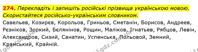 274. Перекладіть і запишіть російські прізвища українською мовою. Скористайтеся російсько-українським словником. — ГДЗ Українська мова 6 клас Заболотний 2019