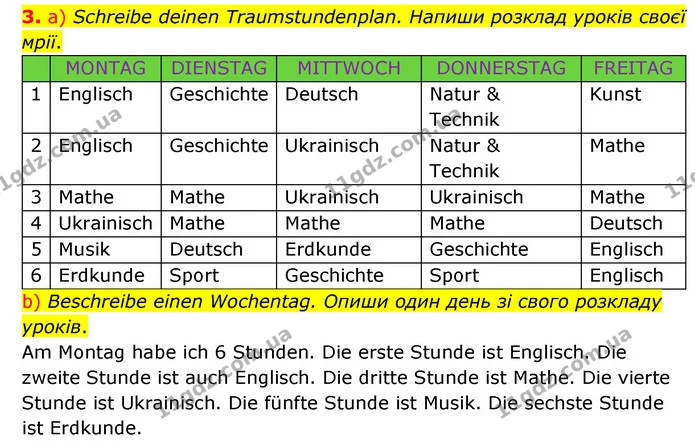 3. а) Schreibe deinen Traumstundenplan. Напиши розклад уроків своєї мрії. — ГДЗ Робочий зошит Німецька мова 6 клас Гоголєва