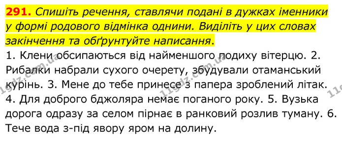 291. Спишіть речення, ставлячи подані в дужках іменники у формі родового відмінка однини. Виділіть у цих словах закінчення та — ГДЗ Українська мова 6 клас Заболотний 2020