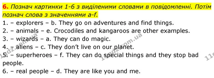 6. Познач картинки 1-6 з виділеними словами в повідомленні. Потім познач слова з значеннями a-f. — ГДЗ Англійська мова 5 клас Коста Джоанна