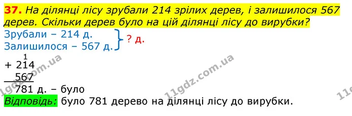 37. На ділянці лісу зрубали 214 зрілих дерев, і залишилося 567 дерев. Скільки дерев було на цій ділянці лісу до вирубки? — ГДЗ Математика 3 клас Лишенко (1, 2 частина)