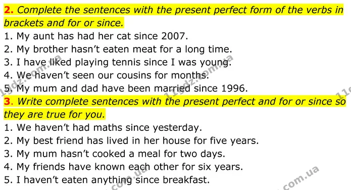 2. Complete the sentences with the present perfect form of the verbs in brackets and for or since. — ГДЗ Англійська мова 7 клас Коста