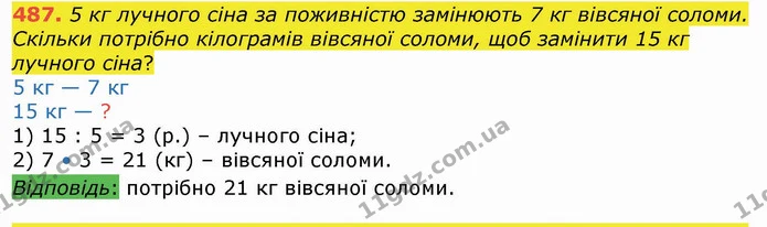 487. 5 кг лучного сіна за поживністю замінюють 7 кг вівсяної соломи. Скільки потрібно кілограмів вівсяної соломи, щоб замінити 15 кг — ГДЗ Математика 4 клас Лишенко 1-2 ч.
