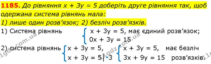 1185. До рівняння х + Зу = 5 доберіть друге рівняння так, щоб — ГДЗ Алгебра 7 клас Істер 2024