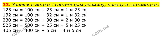 33. Запиши в метрах і сантиметрах довжину, подану в сантиметрах. — ГДЗ Математика 3 клас Листопад 1-2 ч.