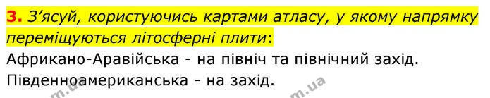 3. З’ясуй, користуючись картами атласу, у якому напрямку переміщуються літосферні плити: — ГДЗ робочий зошит Географія 7 клас Гільберг