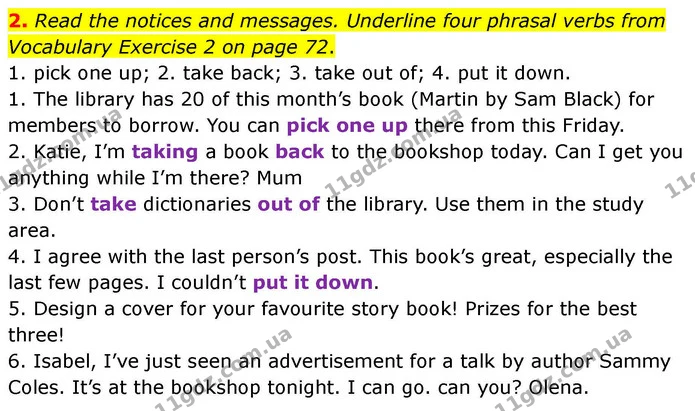 2. Read the notices and messages. Underline four phrasal verbs from Vocabulary Exercise 2 on page 72. — ГДЗ робочий зошит Англійська мова 7 клас Prepare