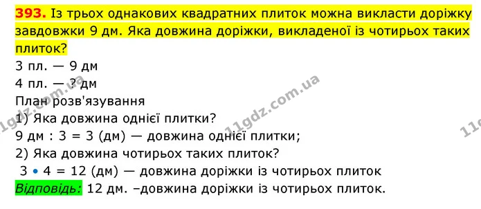 393. Із трьох однакових квадратних плиток можна викласти доріжку завдовжки 9 дм. Яка довжина доріжки, викладеної із чотирьох таких — ГДЗ Математика 3 клас Будна 1-2 ч.