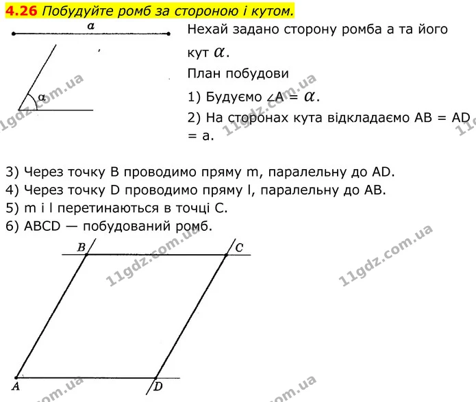 4.26 Побудуйте ромб за стороною і кутом. — ГДЗ Геометрія 8 клас Істер