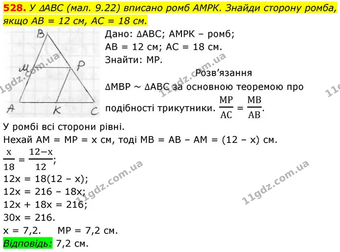 528. У ∆ABC (мал. 9.22) вписано ромб АМРК. Знайди сторону ромба, — ГДЗ Геометрія 8 клас Бевз