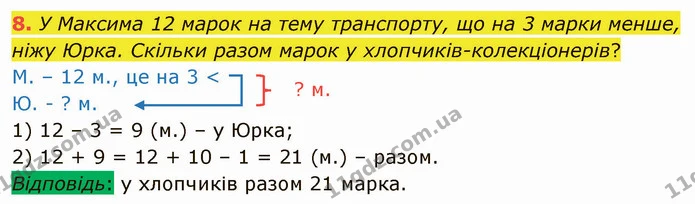 8. У Максима 12 марок на тему транспорту, що на 3 марки менше, ніжу Юрка. Скільки разом марок у хлопчиків-колекціонерів? — ГДЗ Математика 3 клас Логачевська 1-2 ч.