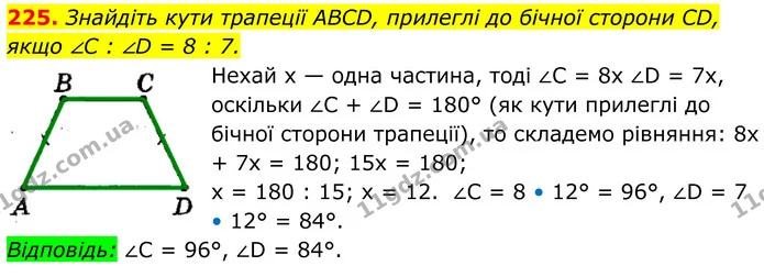 225. Знайдіть кути трапеції ABCD, прилеглі до бічної сторони CD, — ГДЗ Геометрія 8 клас Мерзляк