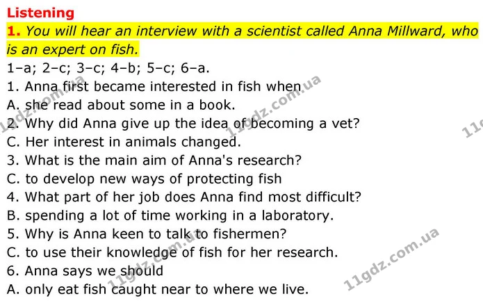 1. You will hear an interview with a scientist called Anna Millward, who is an expert on fish. — ГДЗ робочий зошит Англійська мова 8 клас Гарет Джонс 2025
