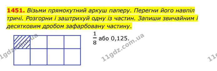 1451. Візьми прямокутний аркуш паперу. Перегни його навпіл тричі. Розгорни і заштрихуй одну із частин. Запиши звичайним і десятковим — ГДЗ Математика 5 клас Бевз