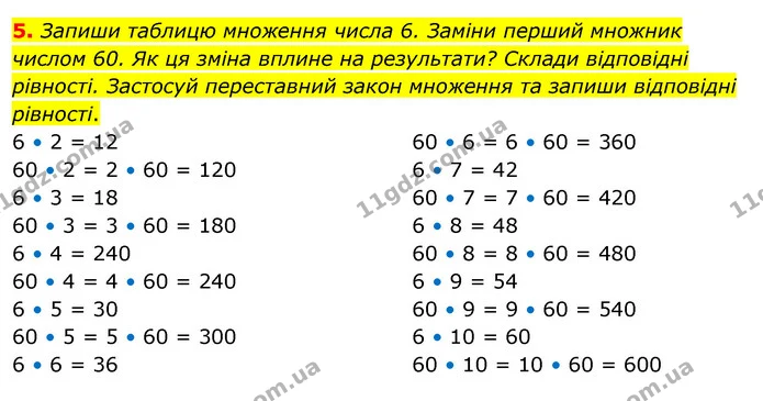 5. Запиши таблицю множення числа 6. Заміни перший множник числом 60. Як ця зміна вплине на результати? Склади відповідні рівності — ГДЗ Математика 3 клас Скворцова 1-2 ч.