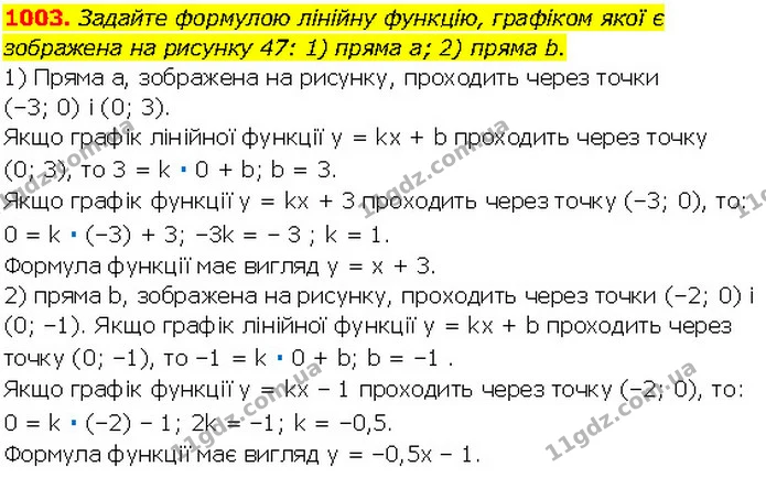 1003. Задайте формулою лінійну функцію, графіком якої є зображена на рисунку 47: 1) пряма a; 2) пряма b. — Алгебра 7 клас Мерзляк 2024