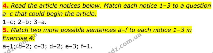 4. Read the article notices below. Match each notice 1–3 to a question a–c that could begin the article. — ГДЗ робочий зошит Англійська мова 8 клас Гарет Джонс 2025