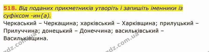 518. Від поданих прикметників утворіть і запишіть іменники із суфіксом -ин{а). — ГДЗ Українська мова 6 клас Глазова