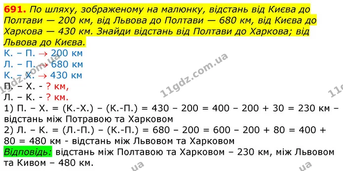 691. По шляху, зображеному на малюнку, відстань від Києва до Полтави — 200 км, від Львова до Полтави — 680 км, від Києва до Харкова — — ГДЗ Математика 3 клас Лишенко (1, 2 частина)