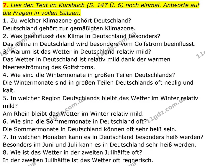 7. Lies den Text im Kursbuch (S. 147 Ü. 6) noch einmal. Antworte auf die Fragen in vollen Sätzen. — ГДЗ робочий зошит Німецька мова 8 клас Басай
