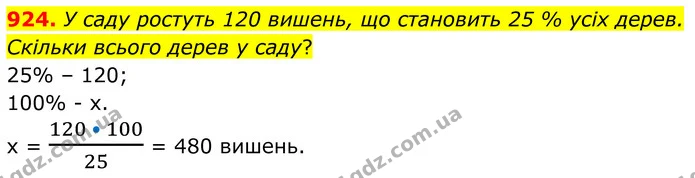 924. У саду ростуть 120 вишень, що становить 25 % усіх дерев. Скільки всього дерев у саду? — ГДЗ Алгебра 7 клас Тарасенкова 2024