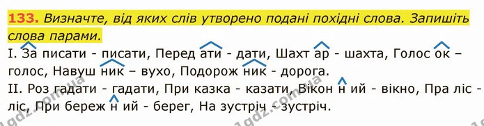 133. Визначте, від яких слів утворено подані похідні слова. Запишіть — ГДЗ Українська мова 6 клас Глазова