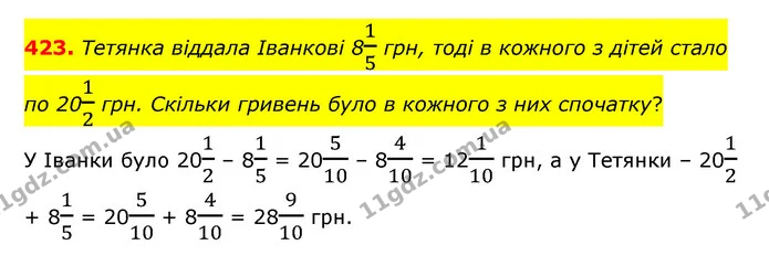 423. Тетянка віддала Іванкові 815 грн, тоді в кожного з дітей стало по 2012 грн. Скільки гривень було в кожного з них спочатку? — ГДЗ Математика 6 клас Тарасенкова 2023 1-2 ч.
