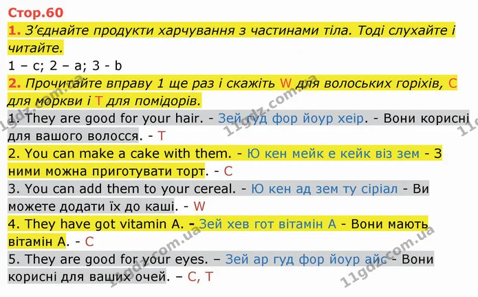 1. З’єднайте продукти харчування з частинами тіла. Тоді слухайте і читайте. — ГДЗ Англійська мова 4 клас Мітчелл 2026