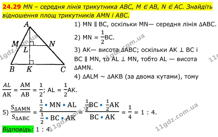 24.29 MN – середня лінія трикутника ABC, M ∈ AB, N ∈ AC. Знайдіть відношення площ трикутників AMN і ABC. — ГДЗ Геометрія 8 клас Істер